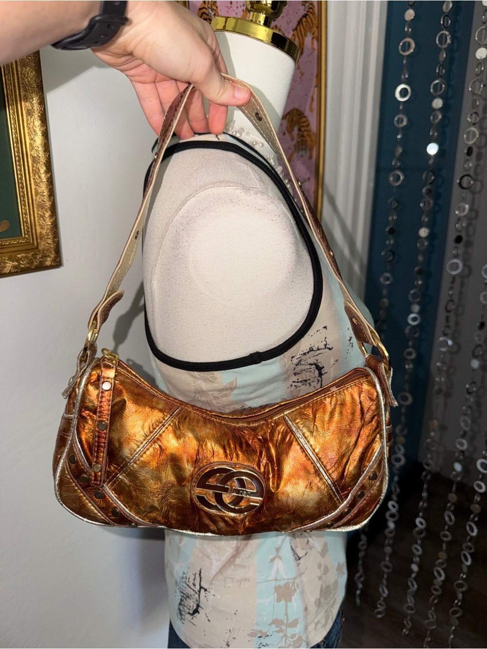 Vintage Y2K Eco Red Metallic Copper Shoulder Bag with Logo Accent